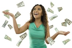 Woman smiling, falling money